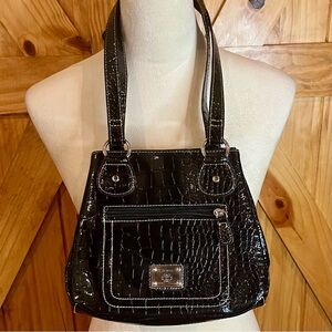 Treviso Black Croc-Embossed Shoulder Bag with Glossy Finish